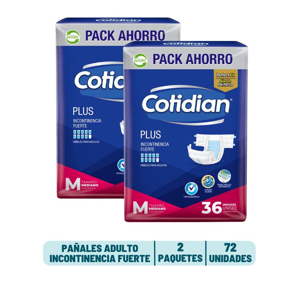 Pack 2 Pañal Adulto Cotidian Plus - 72 unidades