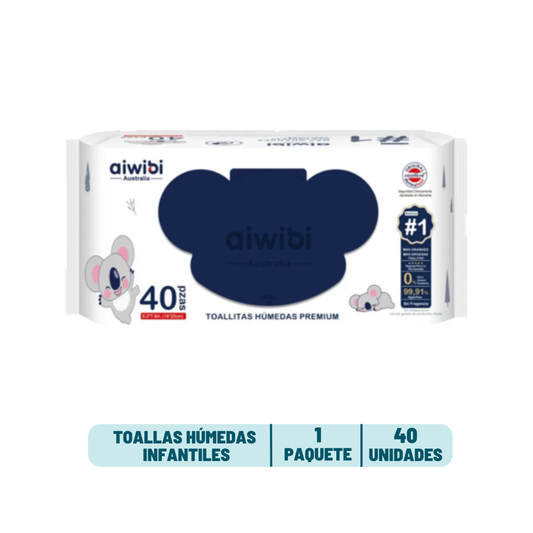 Toalla Húmeda Premium Aiwibi 99,9% Agua - 40 unidades