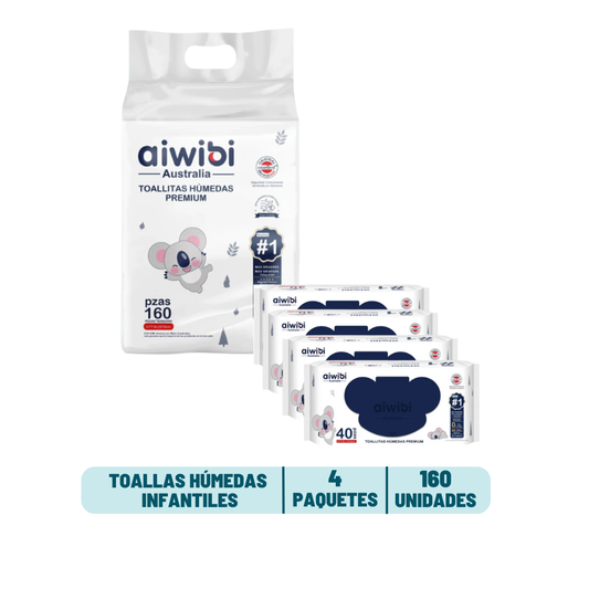 Pack 4 Toallas Húmedas Premium Aiwibi 99,9% Agua - 160 unidades